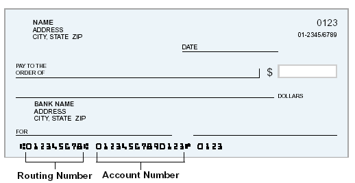 image of blank check with fake account number and routing number