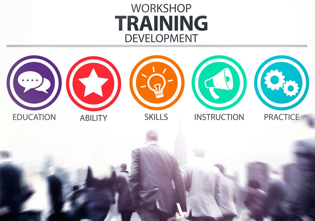 image of people business people with the words "workshop training development" and sub categories of things to learn for work